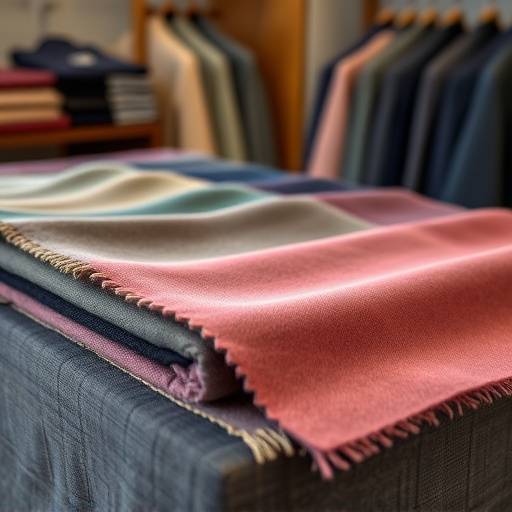 A collection of luxurious wool and cashmere fabric swatches displayed on a tailor's table.