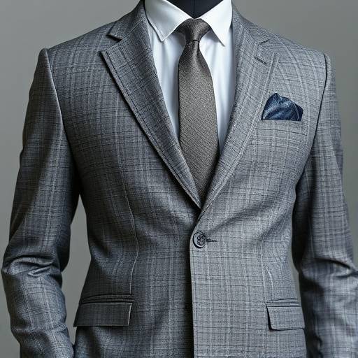 A modern textured grey two-piece business suit, emphasizing tactile fabric and a slim-fit cut for contemporary professionals.