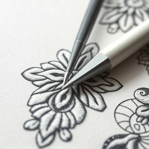 A pattern cutter meticulously drawing on a large sheet of paper with chalk.