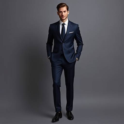 A sleek, slim-fit navy suit crafted from a fabric with a subtle sheen, highlighting meticulous construction and a refined finish.