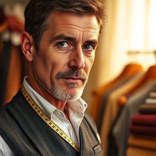 Portrait of a seasoned tailor with a measuring tape and fabric swatches.
