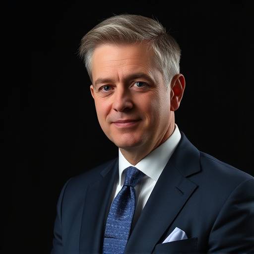 Portrait of Mr. Alistair Finch, a distinguished lawyer, wearing a sharp navy business suit.